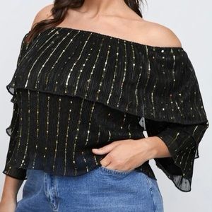 ✨Bejeweled✨ Gold Sequin Bardot Blouse Off the Shoulder Shimmery